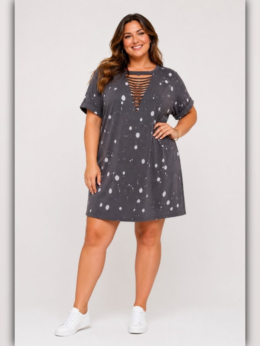 A329 • Bleach Splatter Lattice V-Neck T-Shirt Dress